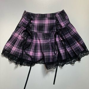 AliExpress Women's Pleated Plaid Pink/Purple Skirt With Lace and Ribbons Size M